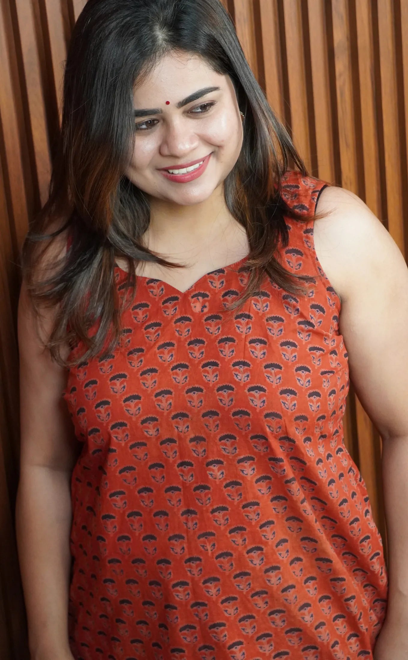 Rohini Maroon Ajrakh Sleeveless Short Kurti