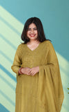 Mul chandery suit with thred work - Olive green