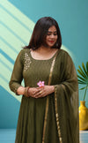 Mul chanderi suit set with thred work - Mehandi green