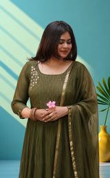 Mul chanderi suit set with thred work - Mehandi green