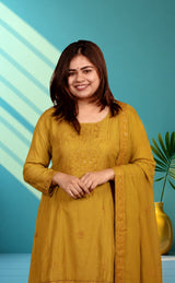 Mul chandery suit with thred work - Olive green