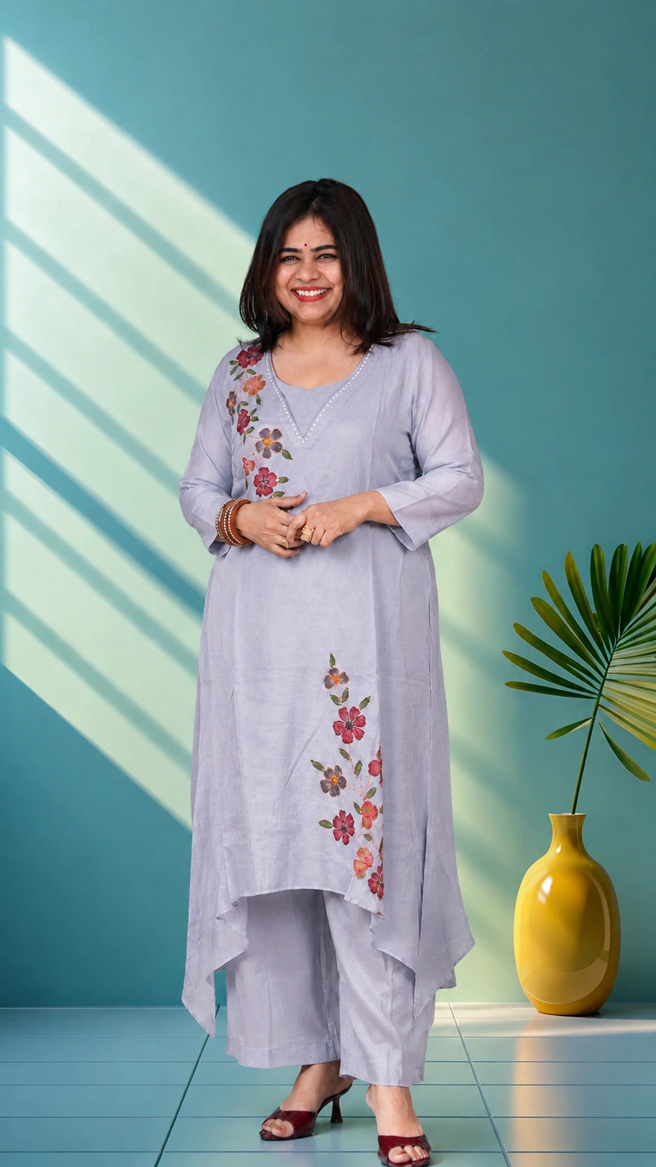 Mul chanderi suit set with hand embroidery - power blue