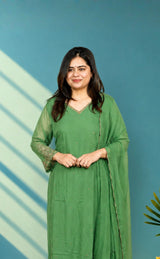 Mul chanderi suit set with hand emboidery - Jade green