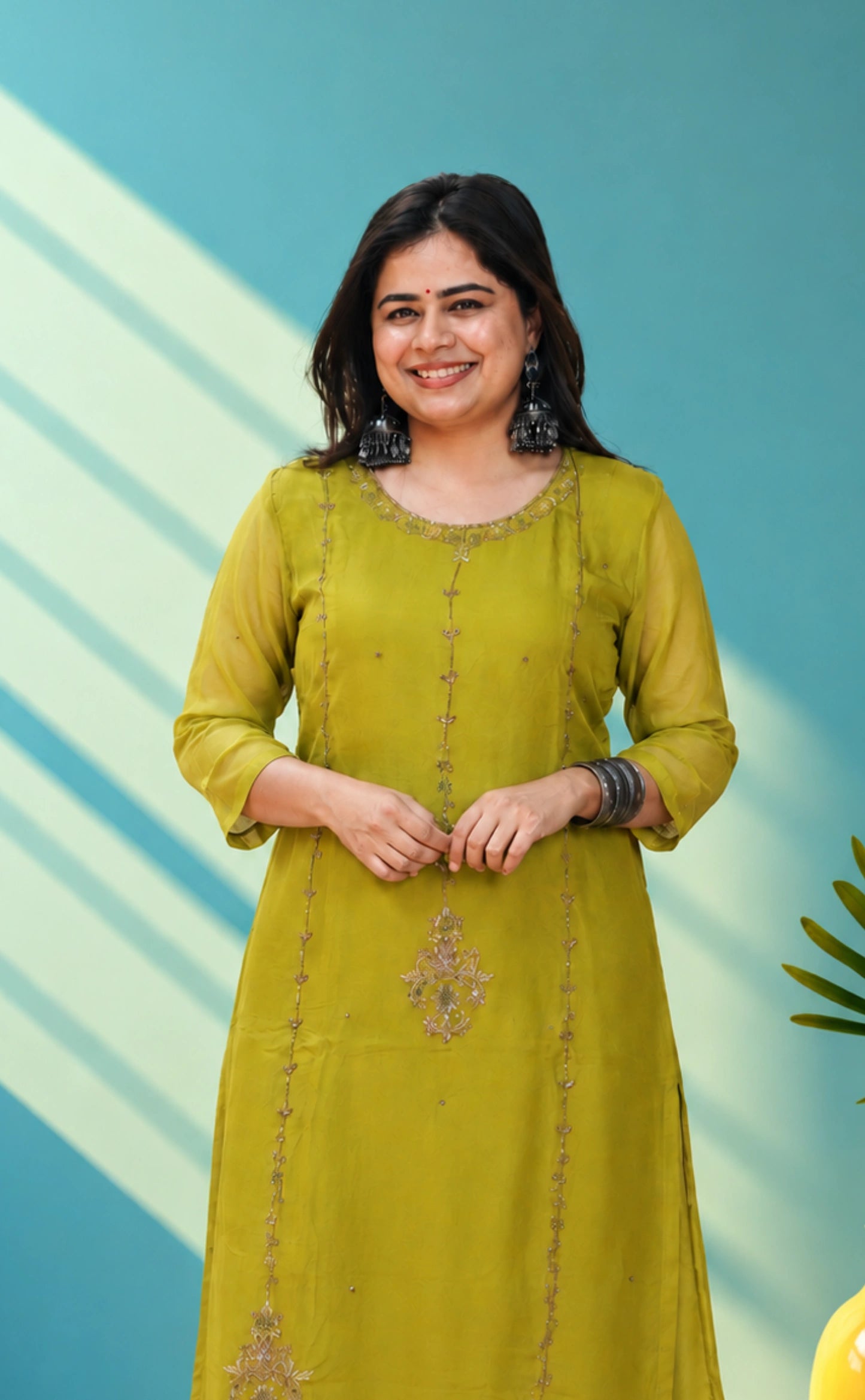 Mul chanderi suit set with hand embroidery - Leaf green