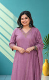Mul chanderi suit set with hand embroidery - Lilac