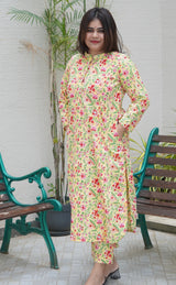 Veera Sanganeri Cotton Co-ord Set- Banana Yellow & Plum Red
