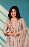 Mul chandery suit with embroidery - stone grey