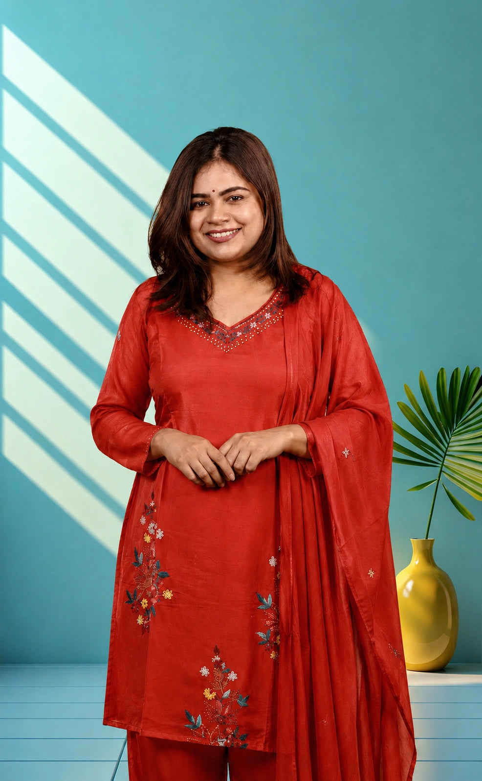 Mul chanderi suit set with hand embroidery - Olive green