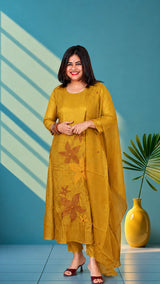 Mul chanderi suit set with embroidery - Mars yellow