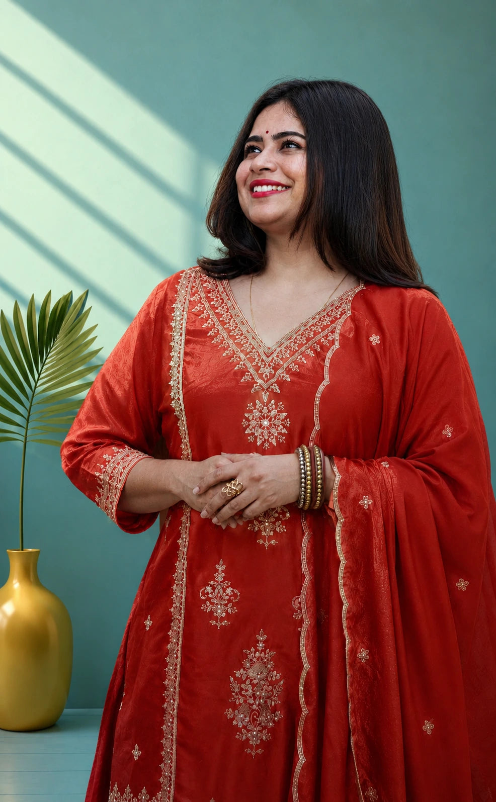 Velvet organza suit set with hand embroidery - Blood red