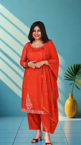 Muslin suit set with hand embroidery - Rastic orange