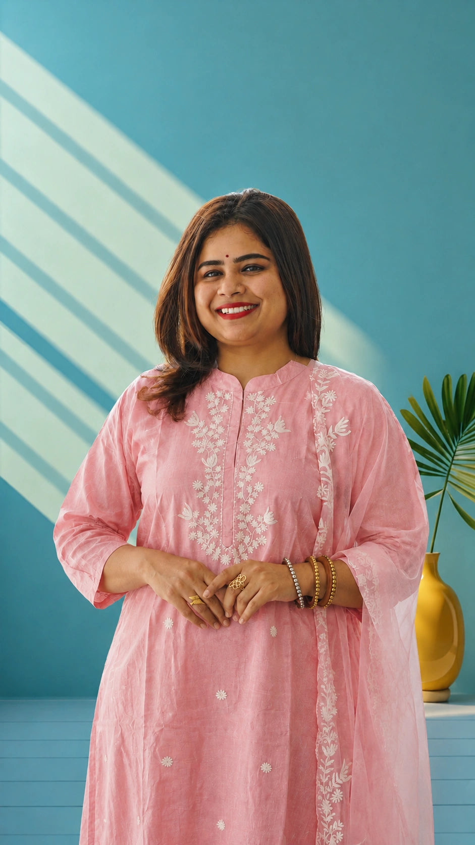 Muslin suit set with hand embroidery - Rastic orange