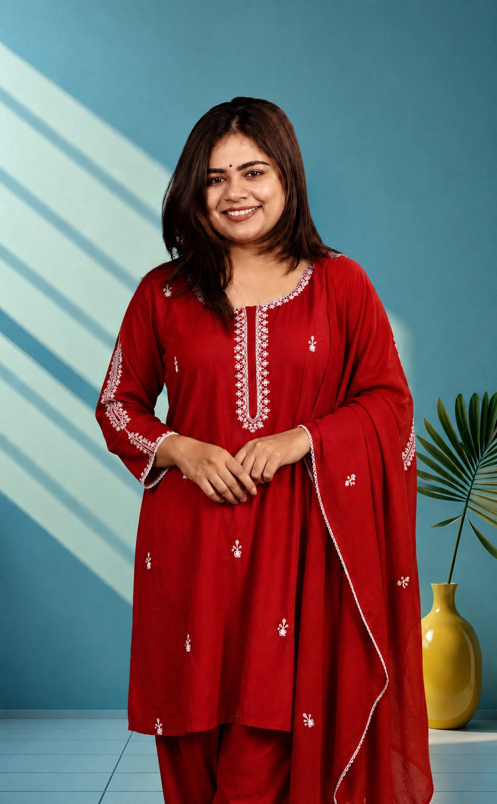 Muslin suit set with hand embroidery - Rastic orange