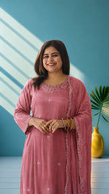 Crepe Silk suit set with hand embroidery - Mavve pink