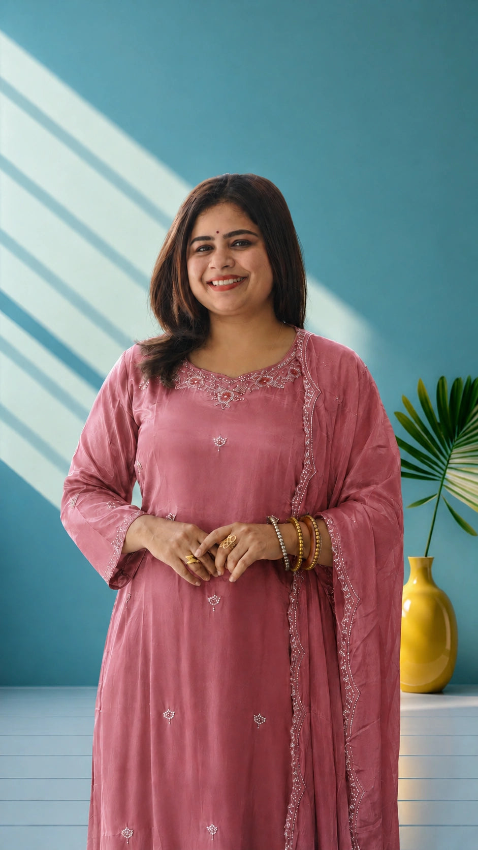 Crepe Silk suit set with hand embroidery - Mavve pink