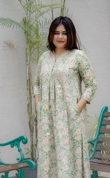 Gulabi Sanganeri Cotton Co-ord Set With Collar- Pale Teal & Rose