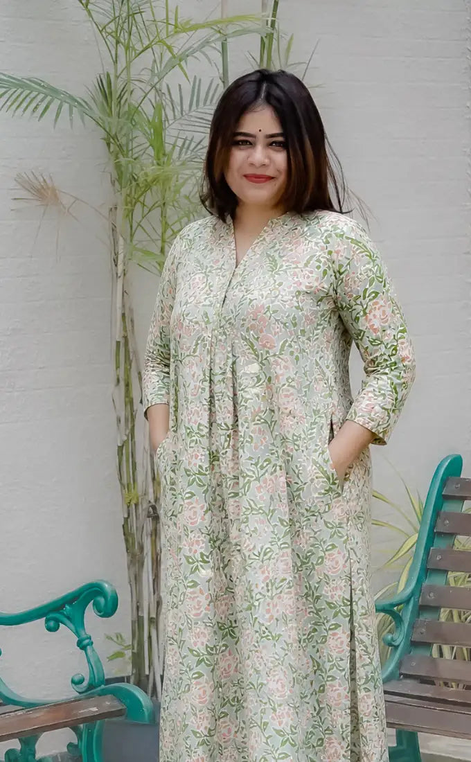 Gulabi Sanganeri Cotton Co-ord Set With Collar- Pale Teal & Rose