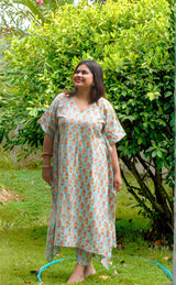 Hema Bagru Kaftan Co-ord Set- Powder Blue & Pink
