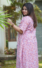 Nalini Sanganeri Cotton Kaftan Co-ord Set- Pastel Peach & Midnight Blue