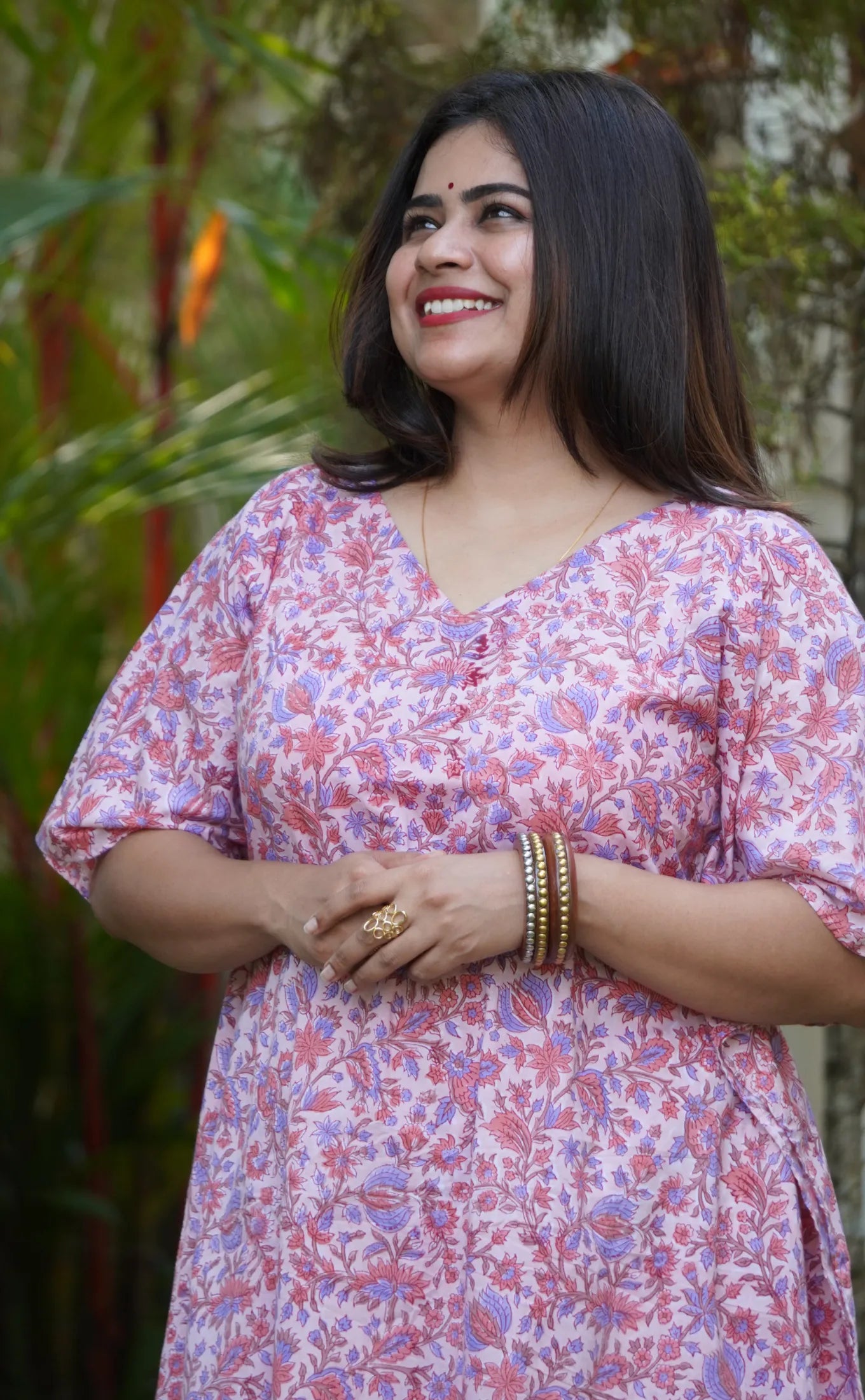 Nalini Sanganeri Cotton Kaftan Co-ord Set- Pastel Peach & Midnight Blue