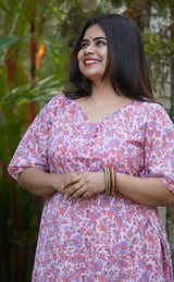 Nalini Sanganeri Cotton Kaftan Co-ord Set- Pastel Peach & Midnight Blue