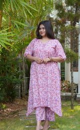 Nalini Sanganeri Cotton Kaftan Co-ord Set- Pastel Peach & Midnight Blue