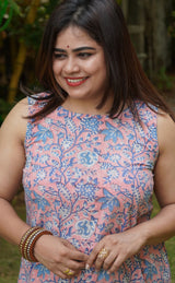 Neelima Sanganeri Cotton Sleeveless Co-ord Set- Bubble-gum Pink & Blue
