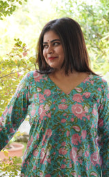 Kusuma Sanganeri Cotton Co-ord Set- Tifanny Blue & Pink