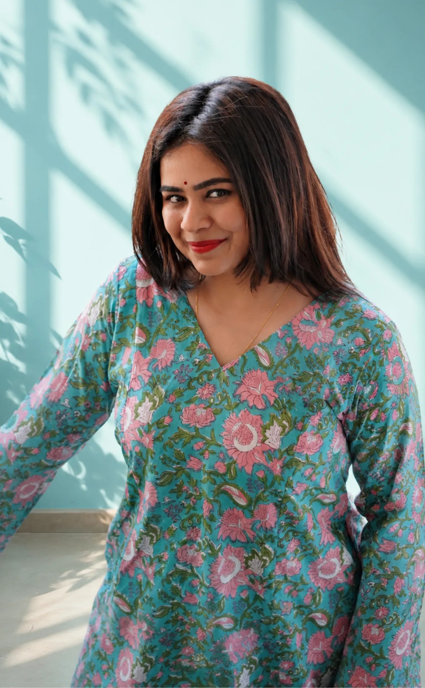 Kusuma Sanganeri Cotton Co-ord Set- Tifanny Blue & Pink