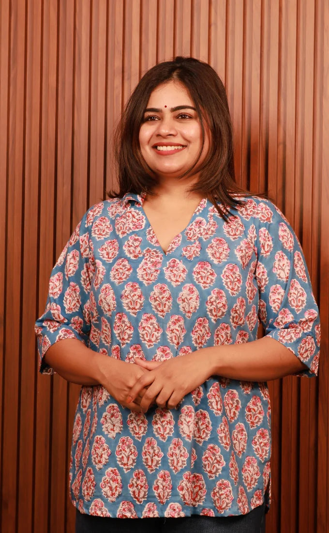 Neeraja True Blue Bagru Short Kurti With Collar