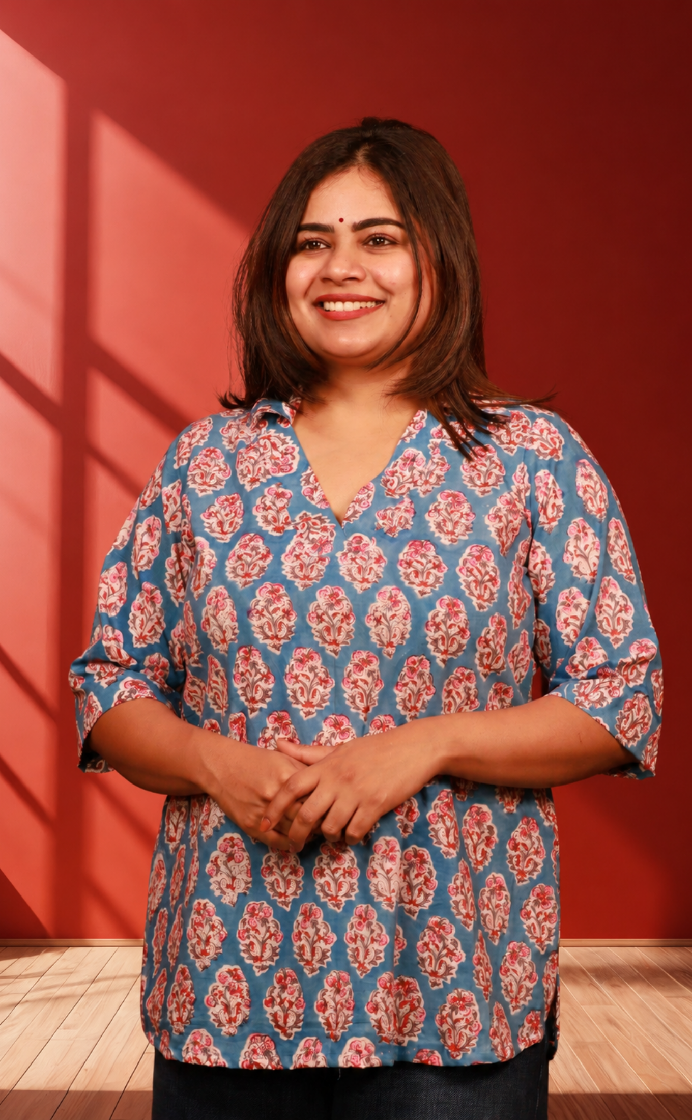Neeraja True Blue Bagru Short Kurti With Collar