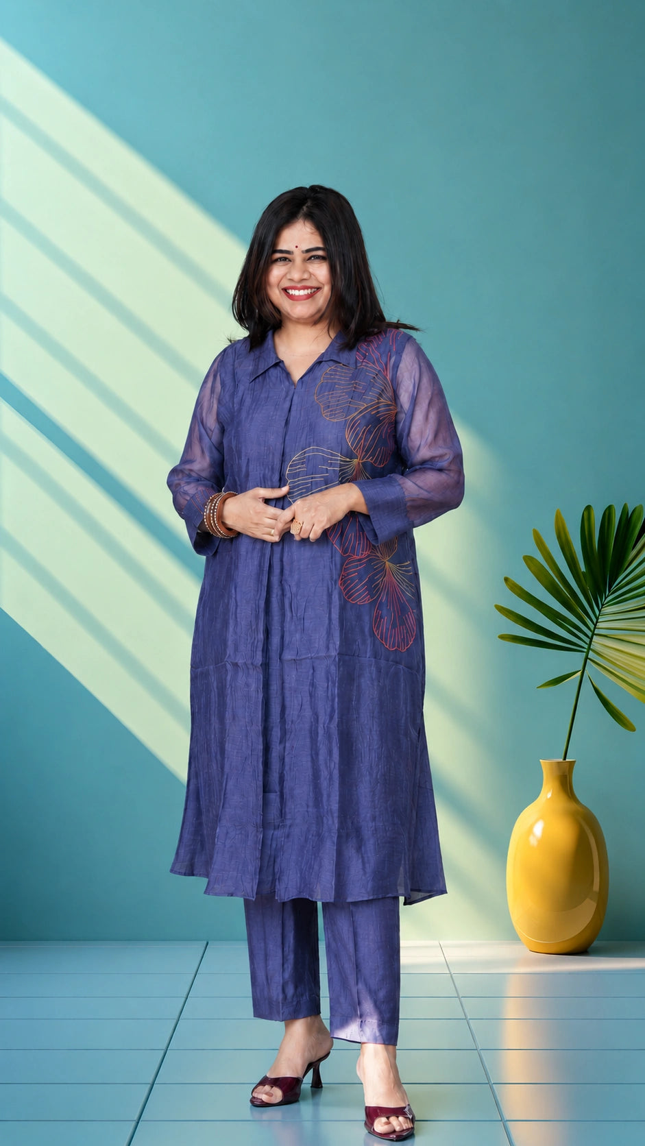 Mul chanderi suit set with thred work - corn flower blue set