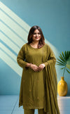 Mul chanderi suit set with hand embroidery - Mehandi green