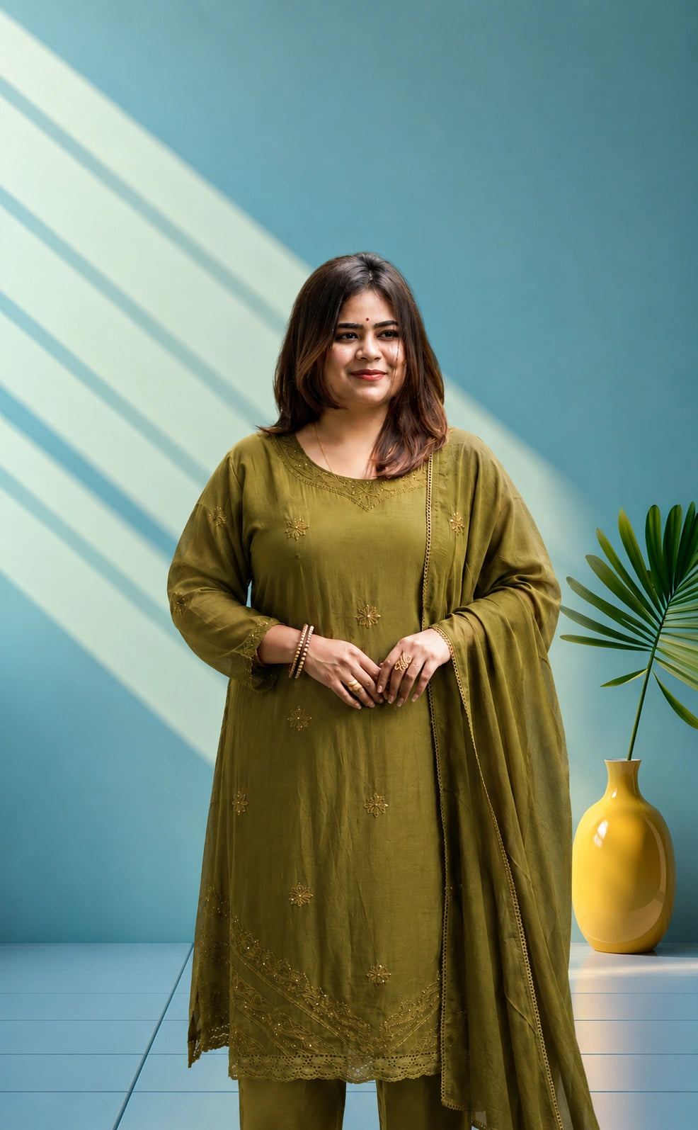 Mul chanderi suit set with hand embroidery - Mehandi green