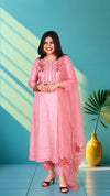 Mul chanderi suit set with hand embroidery - peach pink
