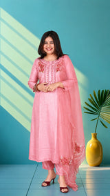Mul chanderi suit set with hand embroidery - peach pink