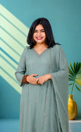 Mul chanderi suit set hand embroidery - powder blue