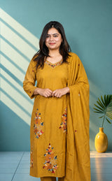 Mul chanderi suit set with hand embroidery - Olive green