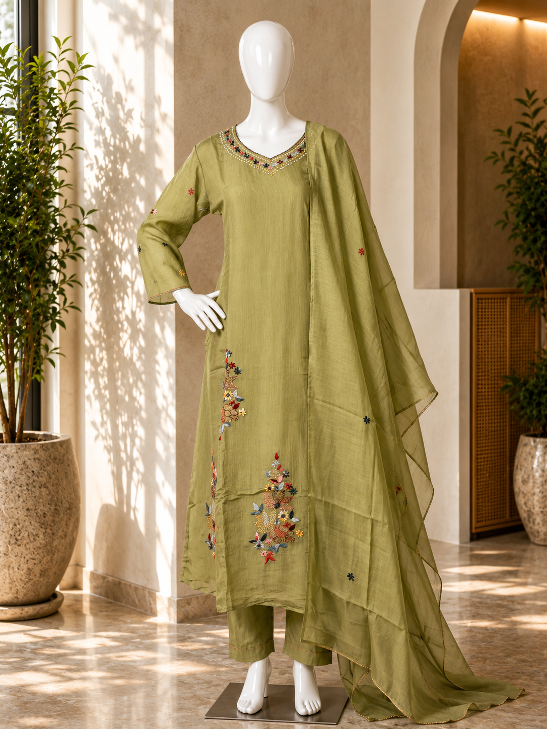 Mul Chanderi Suit Set 3- Olive Green