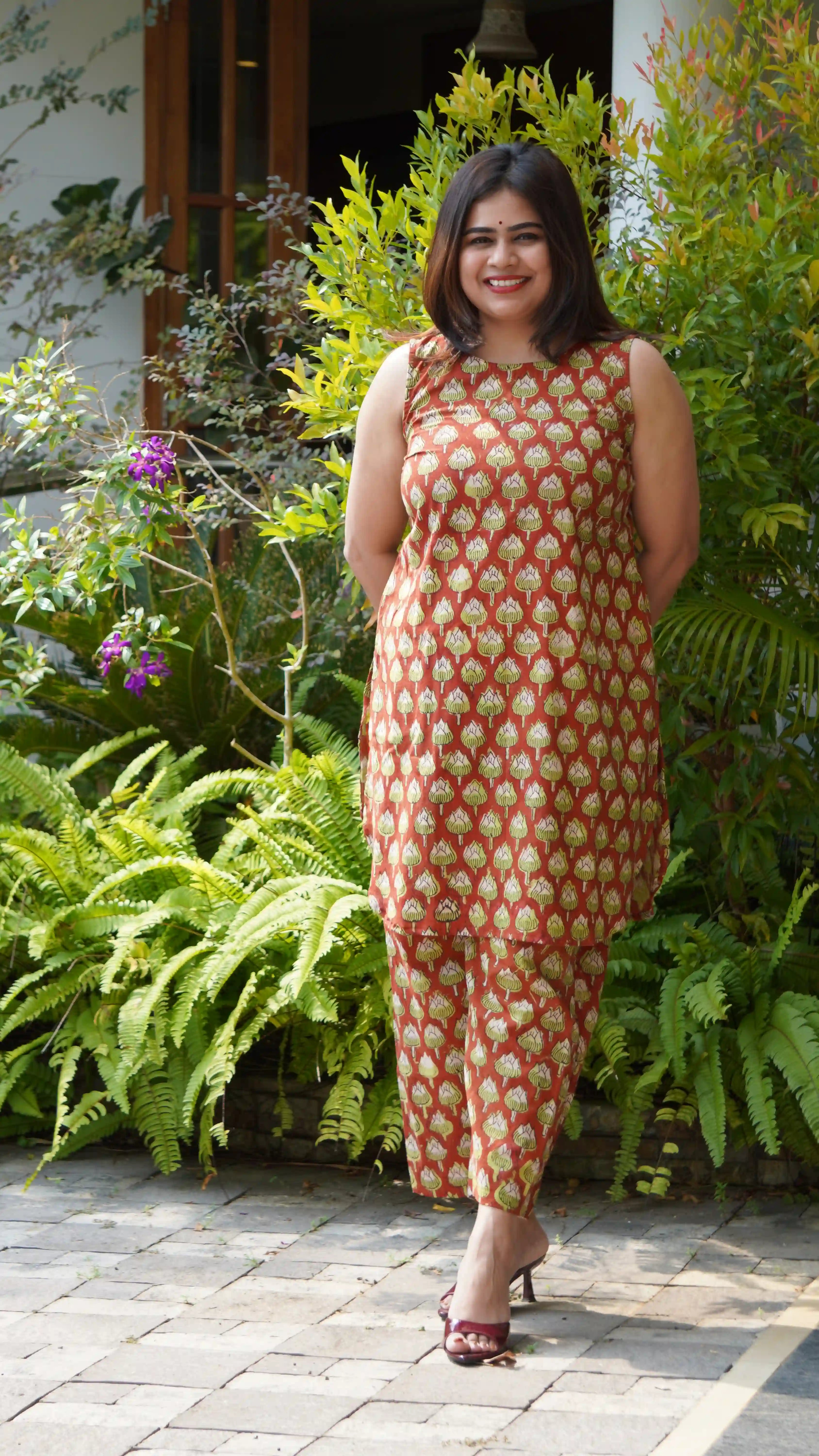 Padma Jahota Cotton Co-ord Set- Plum Red & Green