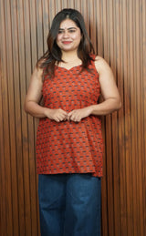 Rohini Maroon Ajrakh Sleeveless Short Kurti