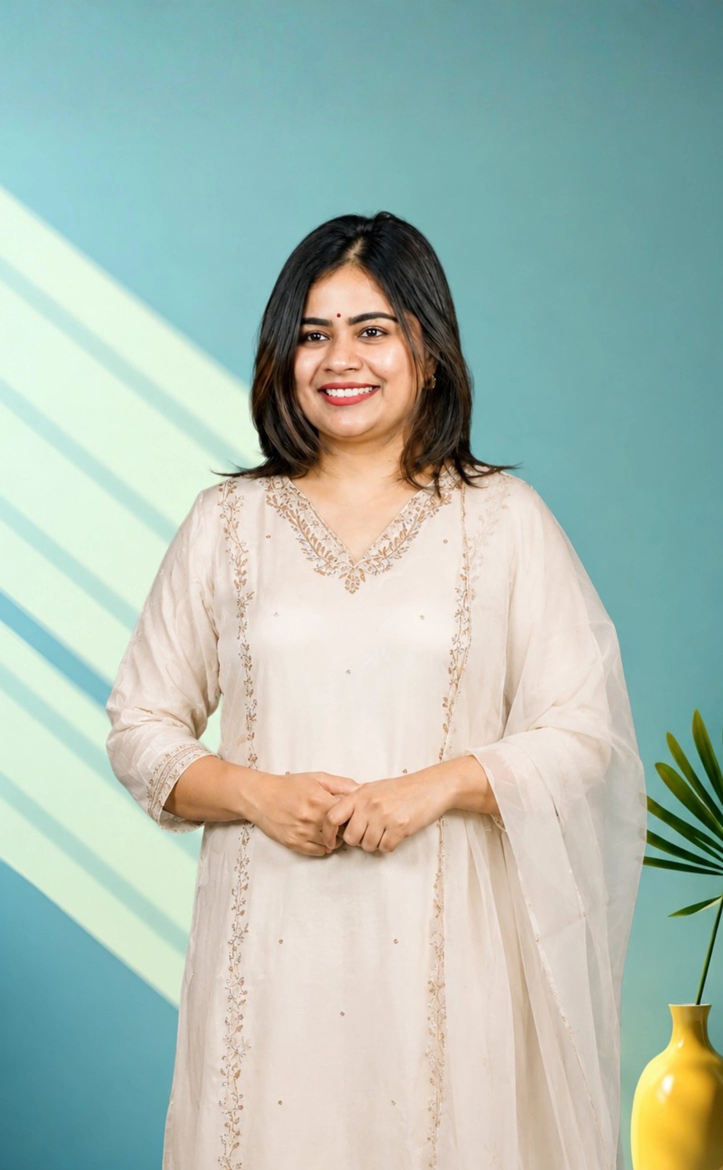 Mul chanderi suit set with hand embroidery - Milky white set