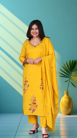 Mul chanderi suit set with hand embroidery - Olive green