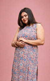Neelima Sanganeri Cotton Sleeveless Co-ord Set- Bubble-gum Pink & Blue