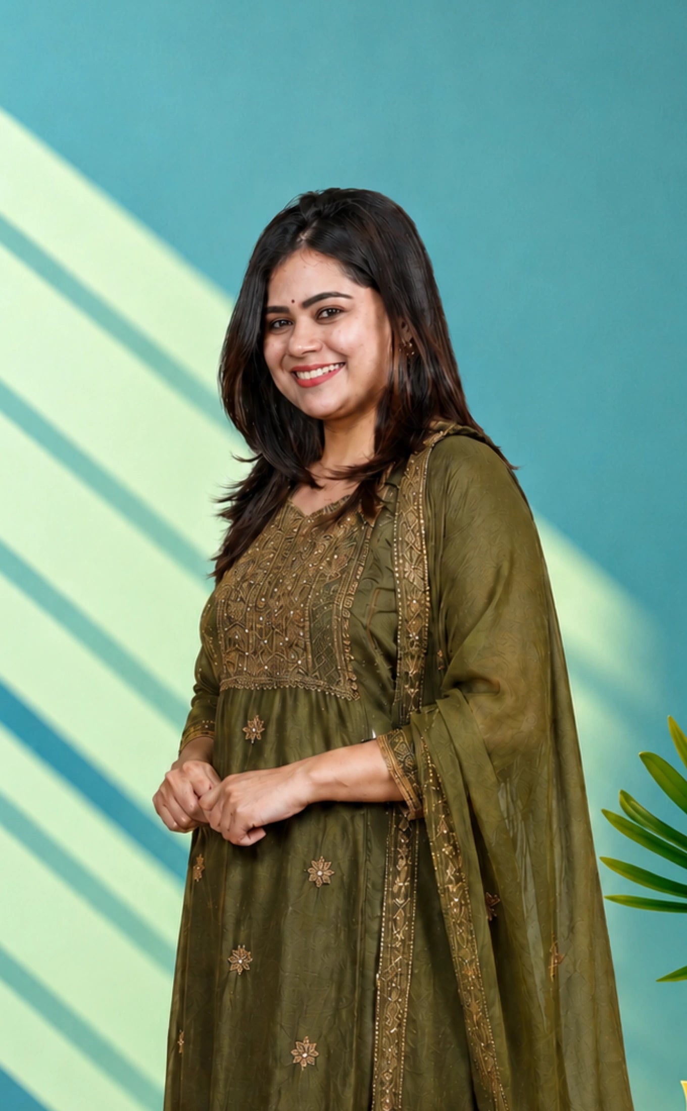 Mul chanderi suit set with thred work- Olive green