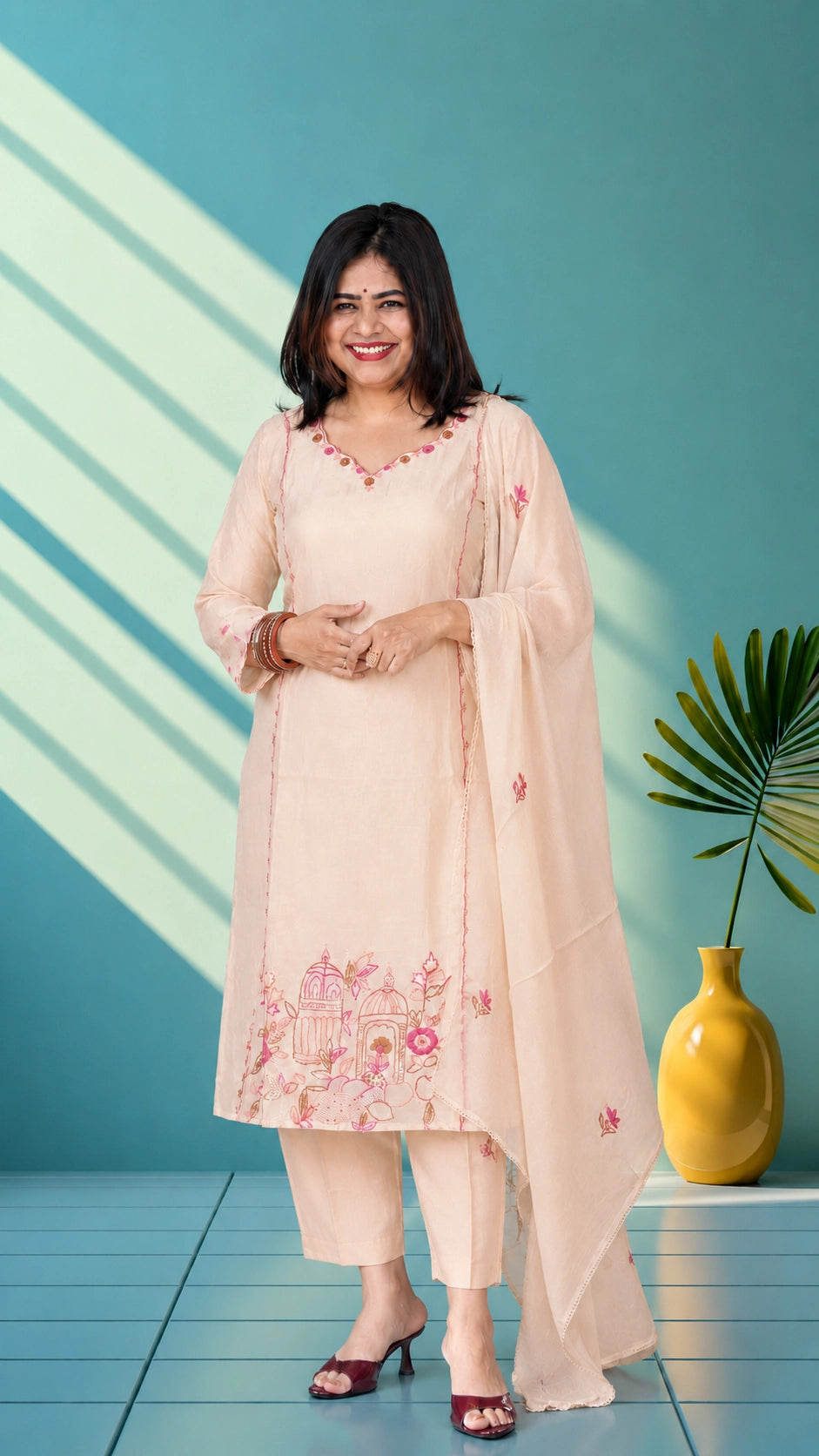 Mul chanderi suit set with hand embroidery - lvory