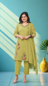 Mul chanderi suit set with hand embroidery - Olive green