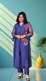 Mul chanderi suit set with thred work - corn flower blue set