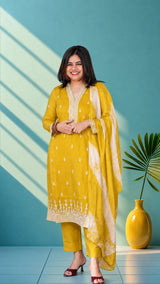 Mul chanderi suit set with embroidery - olive gold