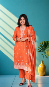 Mul chanderi suit set with embroidery - olive gold